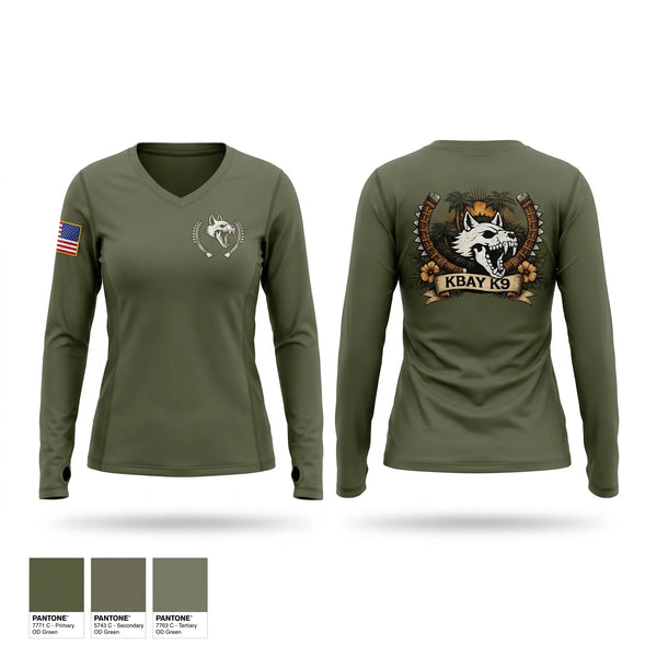 Womens Long Sleeve Vneck Shirt, MCBH PMO K9, Marines, Teamtime, Team time, sublimation, custom sports apparel, team uniforms, spirit wear, spiritwear, sports uniforms, custom shirts, team store, custom team store, fundraiser sports, apparel fundraiser