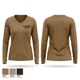 Womens Long Sleeve Vneck Shirt, USS MISSOURI (SSN 780), Navy, Teamtime, Team time, sublimation, custom sports apparel, team uniforms, spirit wear, spiritwear, sports uniforms, custom shirts, team store, custom team store, fundraiser sports, apparel fundraiser