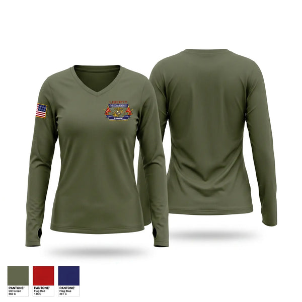 Womens Long Sleeve Vneck Shirt, Liberty Christian Academy CJROTC, Marines, Teamtime, Team time, sublimation, custom sports apparel, team uniforms, spirit wear, spiritwear, sports uniforms, custom shirts, team store, custom team store, fundraiser sports, apparel fundraiser