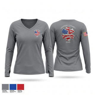 Womens Long Sleeve Vneck Shirt, Marion Rural Fire Department, Fire Department, Teamtime, Team time, sublimation, custom sports apparel, team uniforms, spirit wear, spiritwear, sports uniforms, custom shirts, team store, custom team store, fundraiser sports, apparel fundraiser