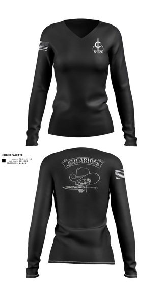 Womens Long Sleeve Vneck Shirt, 2/C Sicarios, Army, Teamtime, Team time, sublimation, custom sports apparel, team uniforms, spirit wear, spiritwear, sports uniforms, custom shirts, team store, custom team store, fundraiser sports, apparel fundraiser