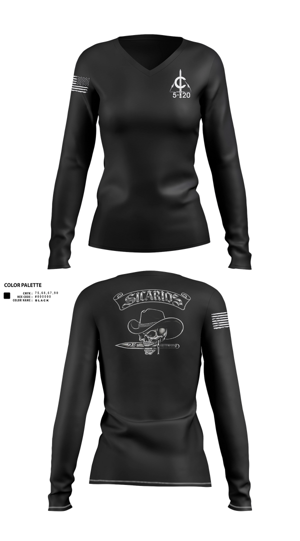 Womens Long Sleeve Vneck Shirt, 2/C Sicarios, Army, Teamtime, Team time, sublimation, custom sports apparel, team uniforms, spirit wear, spiritwear, sports uniforms, custom shirts, team store, custom team store, fundraiser sports, apparel fundraiser