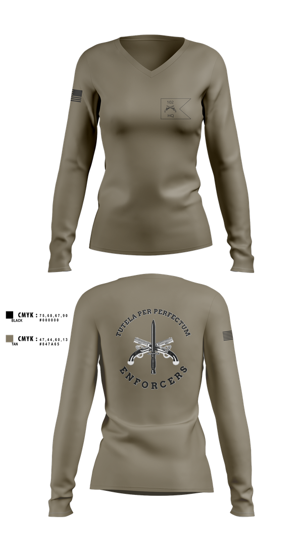 Womens Long Sleeve Vneck Shirt, HHC, 102d MP BN, National Guard, Teamtime, Team time, sublimation, custom sports apparel, team uniforms, spirit wear, spiritwear, sports uniforms, custom shirts, team store, custom team store, fundraiser sports, apparel fundraiser