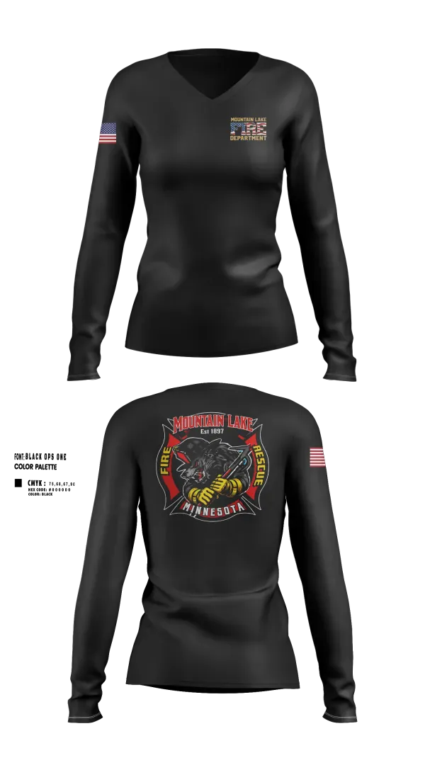 Womens Long Sleeve Vneck Shirt, Mountain Lake Fire & Rescue, Fire Department, Teamtime, Team time, sublimation, custom sports apparel, team uniforms, spirit wear, spiritwear, sports uniforms, custom shirts, team store, custom team store, fundraiser sports, apparel fundraiser