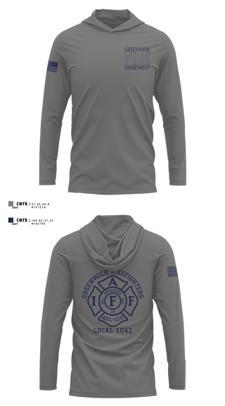 Long Sleeve Performance Shirt with hood, Greenwich Fire Local 1042, Fire Department, Teamtime, Team time, sublimation, custom sports apparel, team uniforms, spirit wear, spiritwear, sports uniforms, custom shirts, team store, custom team store, fundraiser sports, apparel fundraiser