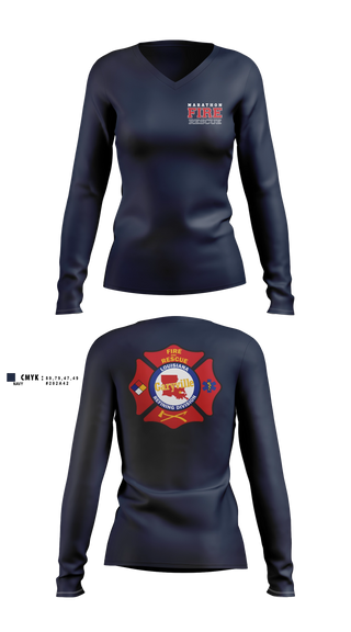 Womens Long Sleeve Vneck Shirt, Marathon Fire Rescue, Fire Department, Teamtime, Team time, sublimation, custom sports apparel, team uniforms, spirit wear, spiritwear, sports uniforms, custom shirts, team store, custom team store, fundraiser sports, apparel fundraiser