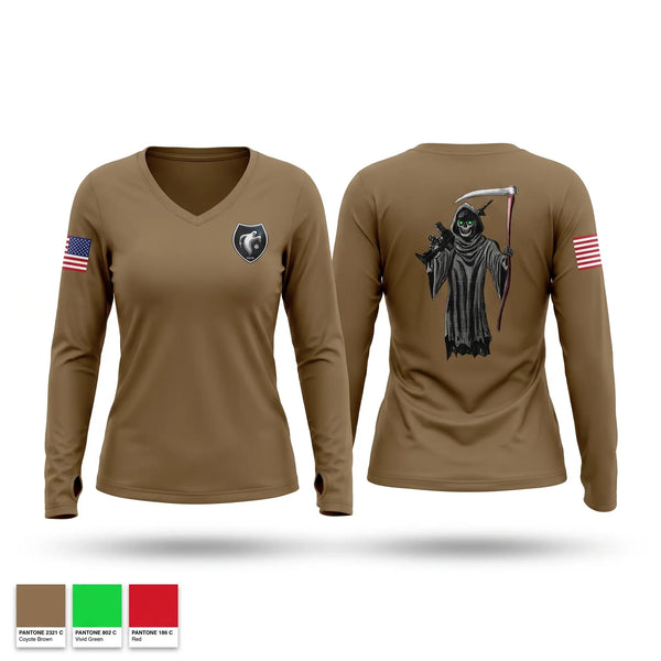 Womens Long Sleeve Vneck Shirt, 2/2CR Ghost Troop 1st Platoon, Army, Teamtime, Team time, sublimation, custom sports apparel, team uniforms, spirit wear, spiritwear, sports uniforms, custom shirts, team store, custom team store, fundraiser sports, apparel fundraiser