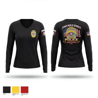 Womens Long Sleeve Vneck Shirt, Jenks Public Schools Police Department, Police, Teamtime, Team time, sublimation, custom sports apparel, team uniforms, spirit wear, spiritwear, sports uniforms, custom shirts, team store, custom team store, fundraiser sports, apparel fundraiser