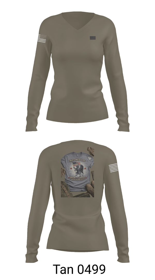 Womens Long Sleeve Vneck Shirt, 361 med log, Army, Teamtime, Team time, sublimation, custom sports apparel, team uniforms, spirit wear, spiritwear, sports uniforms, custom shirts, team store, custom team store, fundraiser sports, apparel fundraiser
