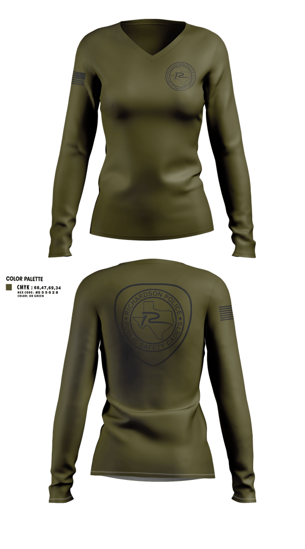 Womens Long Sleeve Vneck Shirt, Richardson Police Cadets, Police, Teamtime, Team time, sublimation, custom sports apparel, team uniforms, spirit wear, spiritwear, sports uniforms, custom shirts, team store, custom team store, fundraiser sports, apparel fundraiser