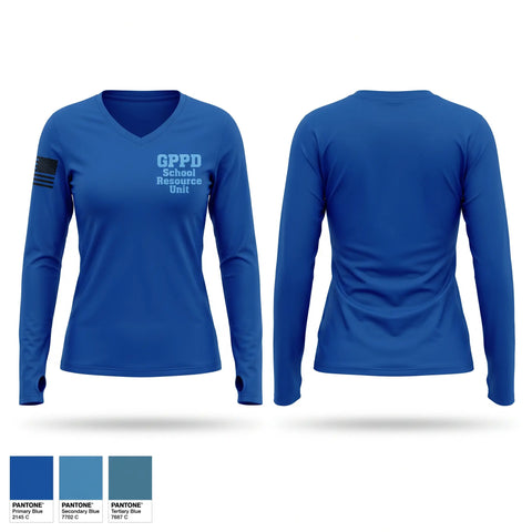 Womens Long Sleeve Vneck Shirt, GPPD School Resource Unit, Police, Teamtime, Team time, sublimation, custom sports apparel, team uniforms, spirit wear, spiritwear, sports uniforms, custom shirts, team store, custom team store, fundraiser sports, apparel fundraiser