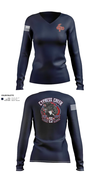 Womens Long Sleeve Vneck Shirt, Cy Creek Fire 23, Fire Department, Teamtime, Team time, sublimation, custom sports apparel, team uniforms, spirit wear, spiritwear, sports uniforms, custom shirts, team store, custom team store, fundraiser sports, apparel fundraiser