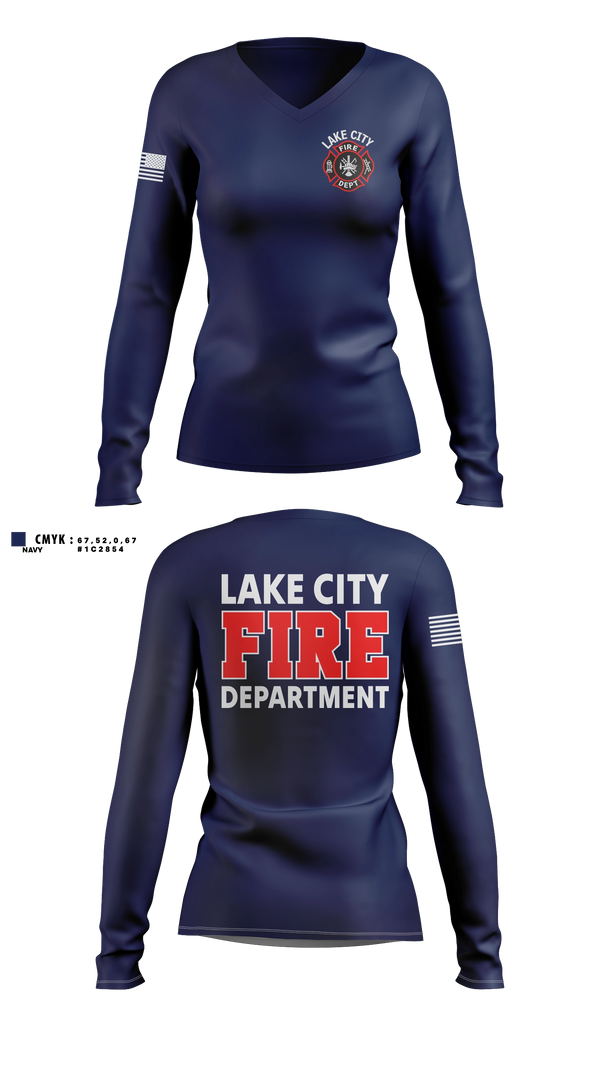 Womens Long Sleeve Vneck Shirt, Lake City Fire Department, Fire Department, Teamtime, Team time, sublimation, custom sports apparel, team uniforms, spirit wear, spiritwear, sports uniforms, custom shirts, team store, custom team store, fundraiser sports, apparel fundraiser