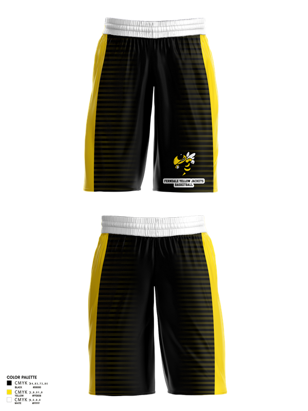 Mens Basketball Shorts, Ferndale Yellow Jackets, Men's Basketball, Teamtime, Team time, sublimation, custom sports apparel, team uniforms, spirit wear, spiritwear, sports uniforms, custom shirts, team store, custom team store, fundraiser sports, apparel fundraiser