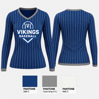 Womens Long Sleeve Vneck Shirt, Vikings, Baseball, Teamtime, Team time, sublimation, custom sports apparel, team uniforms, spirit wear, spiritwear, sports uniforms, custom shirts, team store, custom team store, fundraiser sports, apparel fundraiser