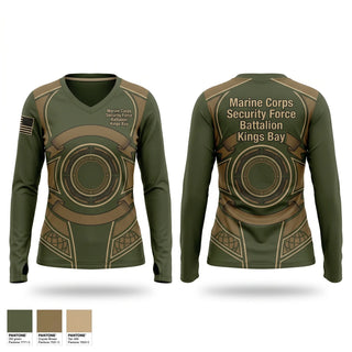 Womens Long Sleeve Vneck Shirt, Marine Corps Security Force Battalion Kings Bay, Marines, Teamtime, Team time, sublimation, custom sports apparel, team uniforms, spirit wear, spiritwear, sports uniforms, custom shirts, team store, custom team store, fundraiser sports, apparel fundraiser