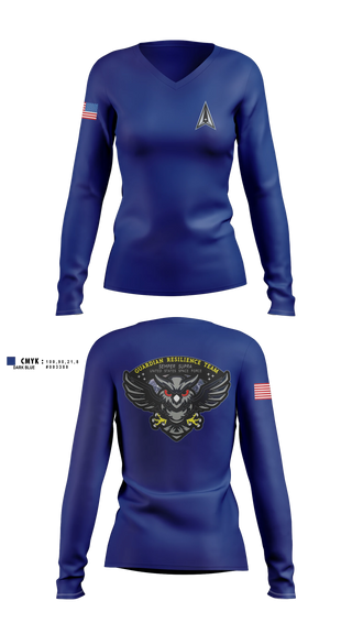 Womens Long Sleeve Vneck Shirt, Guardian Resilience Team, Space Force, Teamtime, Team time, sublimation, custom sports apparel, team uniforms, spirit wear, spiritwear, sports uniforms, custom shirts, team store, custom team store, fundraiser sports, apparel fundraiser