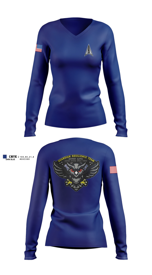 Womens Long Sleeve Vneck Shirt, Guardian Resilience Team, Space Force, Teamtime, Team time, sublimation, custom sports apparel, team uniforms, spirit wear, spiritwear, sports uniforms, custom shirts, team store, custom team store, fundraiser sports, apparel fundraiser