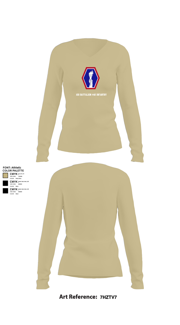 Womens Long Sleeve Vneck Shirt, 100 Battalion 442 Infantry, Army, Teamtime, Team time, sublimation, custom sports apparel, team uniforms, spirit wear, spiritwear, sports uniforms, custom shirts, team store, custom team store, fundraiser sports, apparel fundraiser