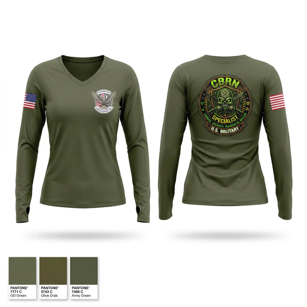 Womens Long Sleeve Vneck Shirt, CBRN DEVILS, Army, Teamtime, Team time, sublimation, custom sports apparel, team uniforms, spirit wear, spiritwear, sports uniforms, custom shirts, team store, custom team store, fundraiser sports, apparel fundraiser