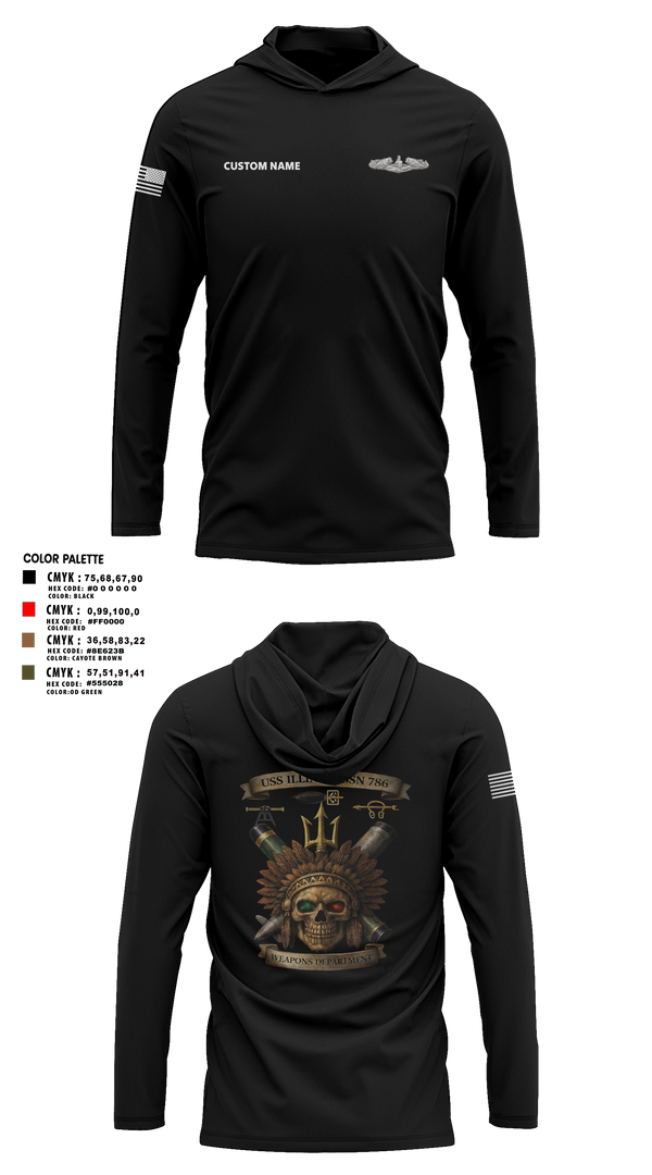 Long Sleeve Performance Shirt with hood, USS Illinois (SSN 786), , Teamtime, Team time, sublimation, custom sports apparel, team uniforms, spirit wear, spiritwear, sports uniforms, custom shirts, team store, custom team store, fundraiser sports, apparel fundraiser