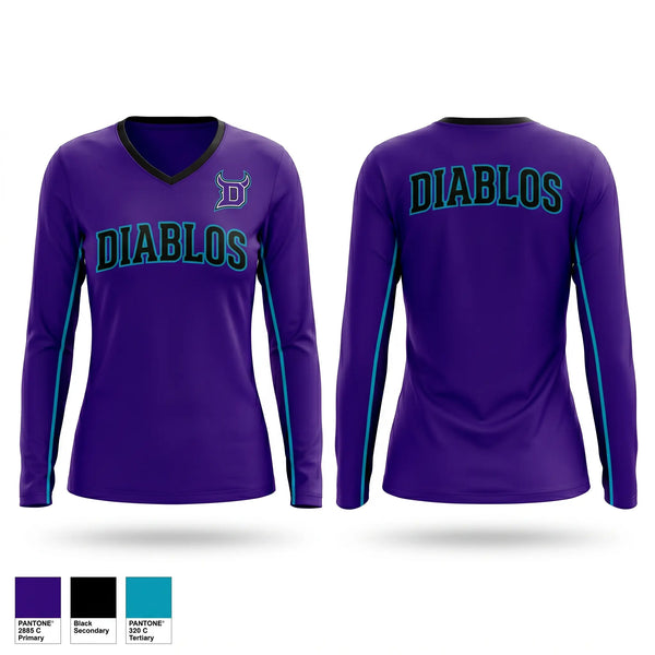 Womens Long Sleeve Vneck Shirt, Diablos, Baseball, Teamtime, Team time, sublimation, custom sports apparel, team uniforms, spirit wear, spiritwear, sports uniforms, custom shirts, team store, custom team store, fundraiser sports, apparel fundraiser