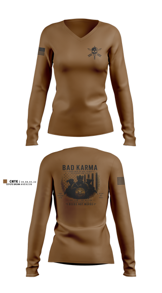 Womens Long Sleeve Vneck Shirt, Bad Karma, Army, Teamtime, Team time, sublimation, custom sports apparel, team uniforms, spirit wear, spiritwear, sports uniforms, custom shirts, team store, custom team store, fundraiser sports, apparel fundraiser