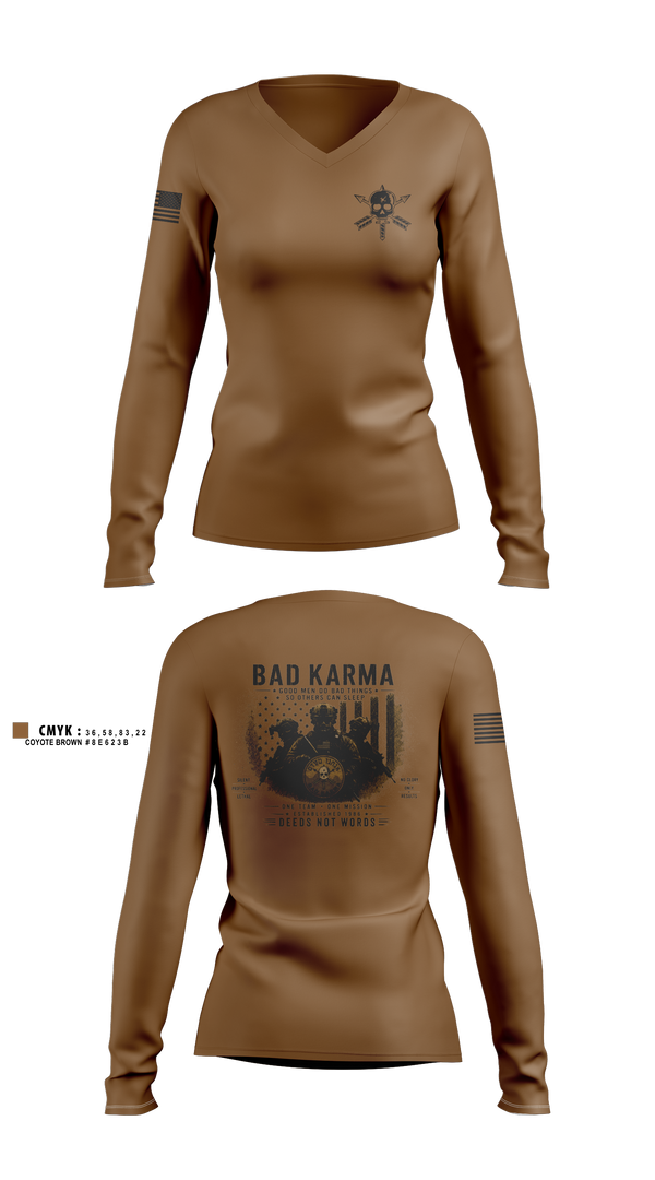 Womens Long Sleeve Vneck Shirt, Bad Karma, Army, Teamtime, Team time, sublimation, custom sports apparel, team uniforms, spirit wear, spiritwear, sports uniforms, custom shirts, team store, custom team store, fundraiser sports, apparel fundraiser