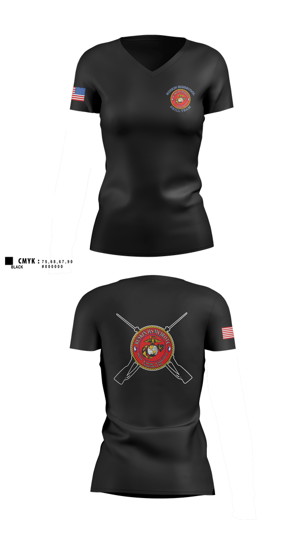 Womens Short Sleeve Vneck Shirt, Ruskin Highschool MCJROTC drill team, Marines, Teamtime, Team time, sublimation, custom sports apparel, team uniforms, spirit wear, spiritwear, sports uniforms, custom shirts, team store, custom team store, fundraiser sports, apparel fundraiser