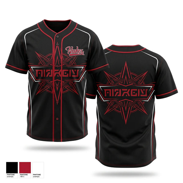 Full Button Baseball Jersey, Nukes, Baseball, Teamtime, Team time, sublimation, custom sports apparel, team uniforms, spirit wear, spiritwear, sports uniforms, custom shirts, team store, custom team store, fundraiser sports, apparel fundraiser