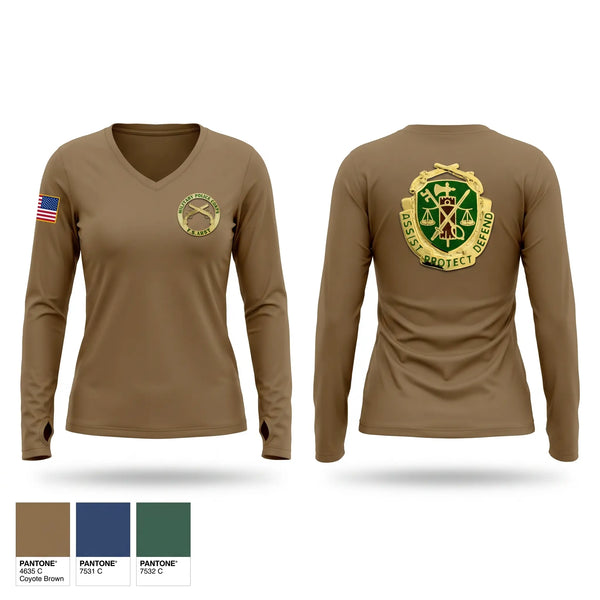 Womens Long Sleeve Vneck Shirt, 344th MP Co., Army, Teamtime, Team time, sublimation, custom sports apparel, team uniforms, spirit wear, spiritwear, sports uniforms, custom shirts, team store, custom team store, fundraiser sports, apparel fundraiser