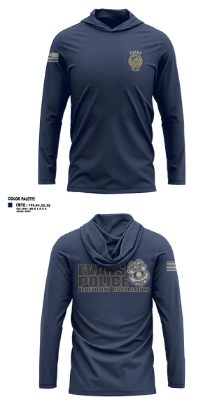 Long Sleeve hooded sunshirt, Town of Evans Police, Police, Teamtime, Team time, sublimation, custom sports apparel, team uniforms, spirit wear, spiritwear, sports uniforms, custom shirts, team store, custom team store, fundraiser sports, apparel fundraiser