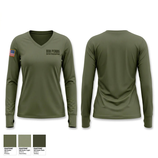 Womens Long Sleeve Vneck Shirt, BTR PCADS Aerial Firefighting, Fire Department, Teamtime, Team time, sublimation, custom sports apparel, team uniforms, spirit wear, spiritwear, sports uniforms, custom shirts, team store, custom team store, fundraiser sports, apparel fundraiser