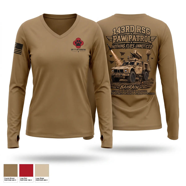 Womens Long Sleeve Vneck Shirt, 143RD Regional Support Group, Army, Teamtime, Team time, sublimation, custom sports apparel, team uniforms, spirit wear, spiritwear, sports uniforms, custom shirts, team store, custom team store, fundraiser sports, apparel fundraiser