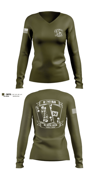 Womens Long Sleeve Vneck Shirt, B/741BEB, Army, Teamtime, Team time, sublimation, custom sports apparel, team uniforms, spirit wear, spiritwear, sports uniforms, custom shirts, team store, custom team store, fundraiser sports, apparel fundraiser