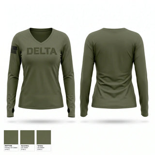 Womens Long Sleeve Vneck Shirt, Delta, Air Force, Teamtime, Team time, sublimation, custom sports apparel, team uniforms, spirit wear, spiritwear, sports uniforms, custom shirts, team store, custom team store, fundraiser sports, apparel fundraiser