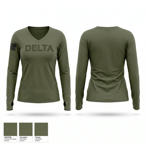 Womens Long Sleeve Vneck Shirt, Delta, Air Force, Teamtime, Team time, sublimation, custom sports apparel, team uniforms, spirit wear, spiritwear, sports uniforms, custom shirts, team store, custom team store, fundraiser sports, apparel fundraiser