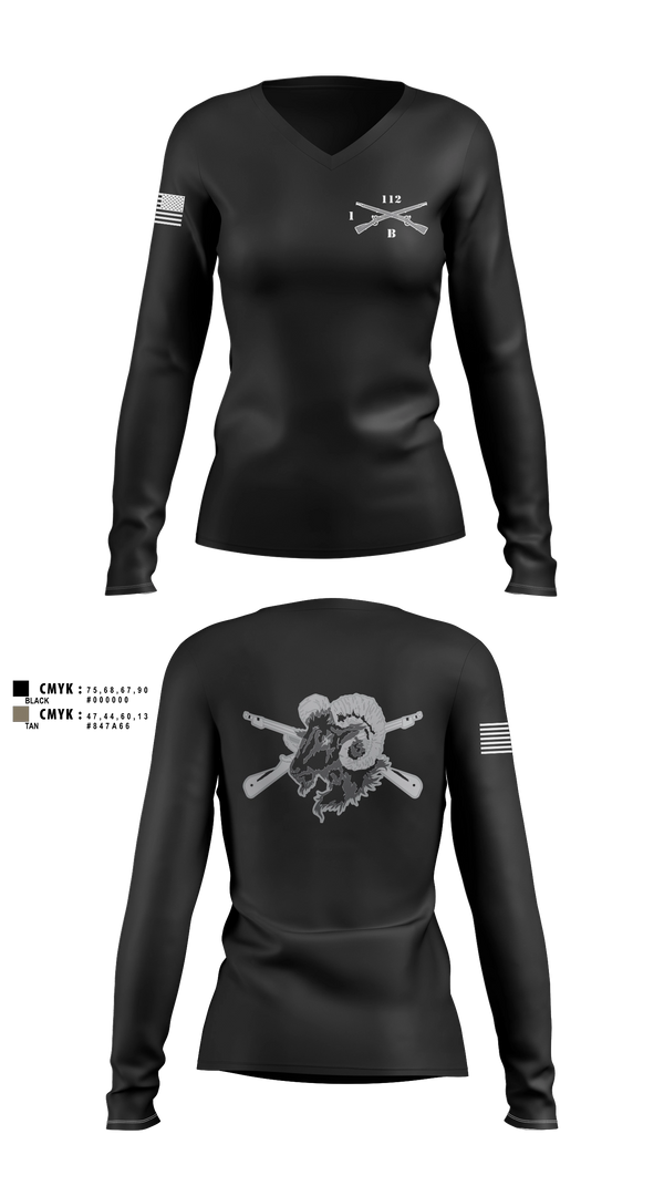 Womens Long Sleeve Vneck Shirt, Blacksheep Company, 1-112th Infantry, Army, Teamtime, Team time, sublimation, custom sports apparel, team uniforms, spirit wear, spiritwear, sports uniforms, custom shirts, team store, custom team store, fundraiser sports, apparel fundraiser
