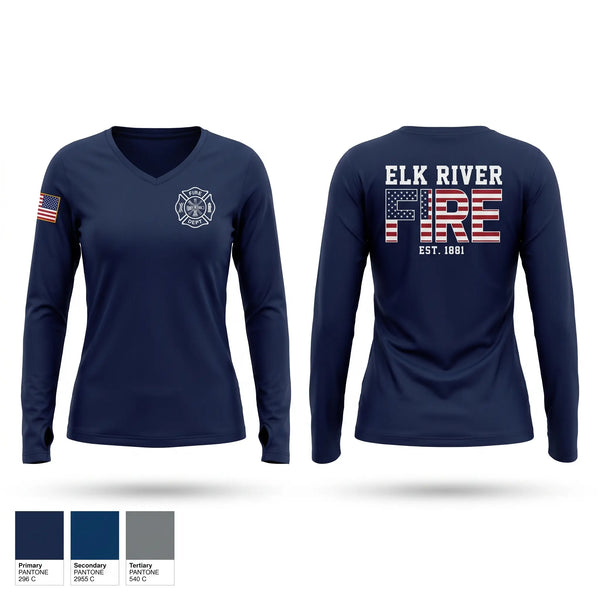 Womens Long Sleeve Vneck Shirt, Elk River Fire Department, Fire Department, Teamtime, Team time, sublimation, custom sports apparel, team uniforms, spirit wear, spiritwear, sports uniforms, custom shirts, team store, custom team store, fundraiser sports, apparel fundraiser