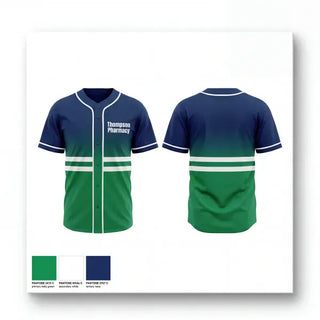 Full Button Baseball Jersey, Thompson Pharmacy, Baseball, Teamtime, Team time, sublimation, custom sports apparel, team uniforms, spirit wear, spiritwear, sports uniforms, custom shirts, team store, custom team store, fundraiser sports, apparel fundraiser