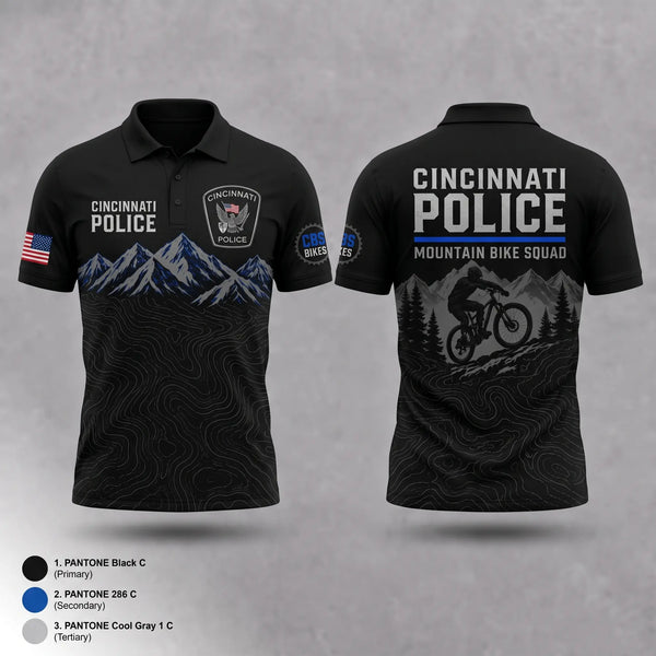 Short Sleeve Performance Polo, Cincinnati Police Mountain Bike Squad, Police, Teamtime, Team time, sublimation, custom sports apparel, team uniforms, spirit wear, spiritwear, sports uniforms, custom shirts, team store, custom team store, fundraiser sports, apparel fundraiser
