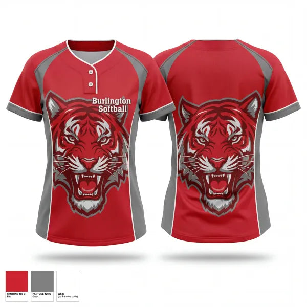Two Button Softball Jersey, Burlington Softball, Softball, Teamtime, Team time, sublimation, custom sports apparel, team uniforms, spirit wear, spiritwear, sports uniforms, custom shirts, team store, custom team store, fundraiser sports, apparel fundraiser