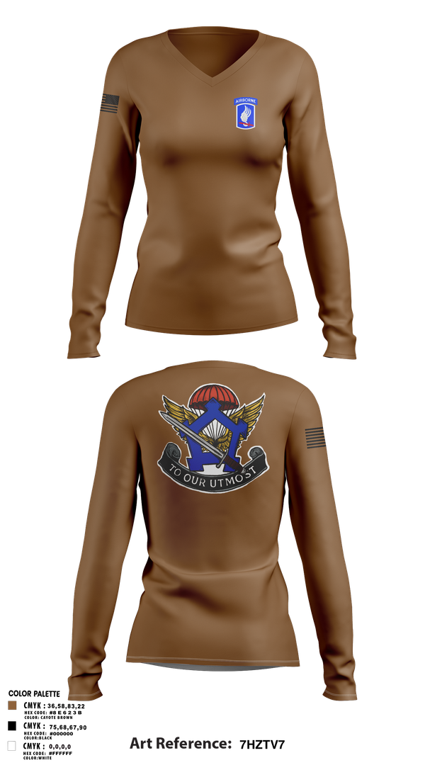 Womens Long Sleeve Vneck Shirt, HHC, Brigade Support Battalion 173D IBCT(A), , Teamtime, Team time, sublimation, custom sports apparel, team uniforms, spirit wear, spiritwear, sports uniforms, custom shirts, team store, custom team store, fundraiser sports, apparel fundraiser
