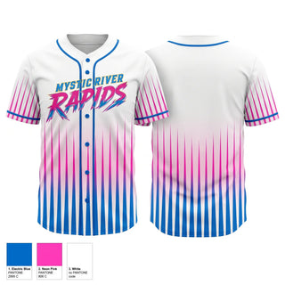 Full Button Baseball Jersey, Mystic River Rapids, Baseball, Teamtime, Team time, sublimation, custom sports apparel, team uniforms, spirit wear, spiritwear, sports uniforms, custom shirts, team store, custom team store, fundraiser sports, apparel fundraiser