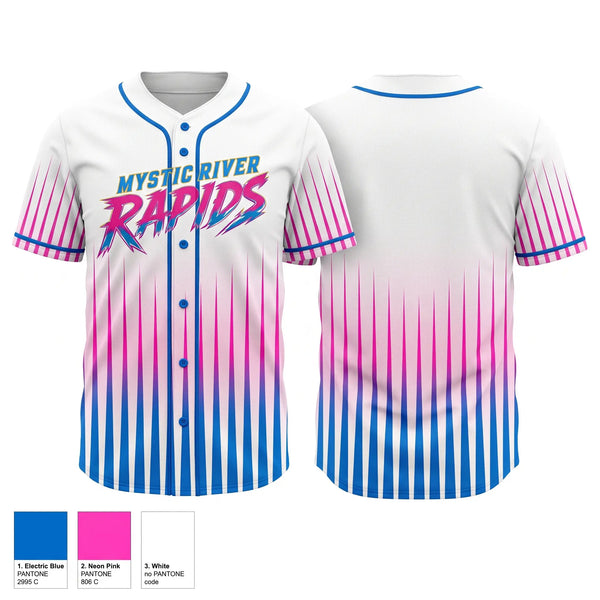 Full Button Baseball Jersey, Mystic River Rapids, Baseball, Teamtime, Team time, sublimation, custom sports apparel, team uniforms, spirit wear, spiritwear, sports uniforms, custom shirts, team store, custom team store, fundraiser sports, apparel fundraiser