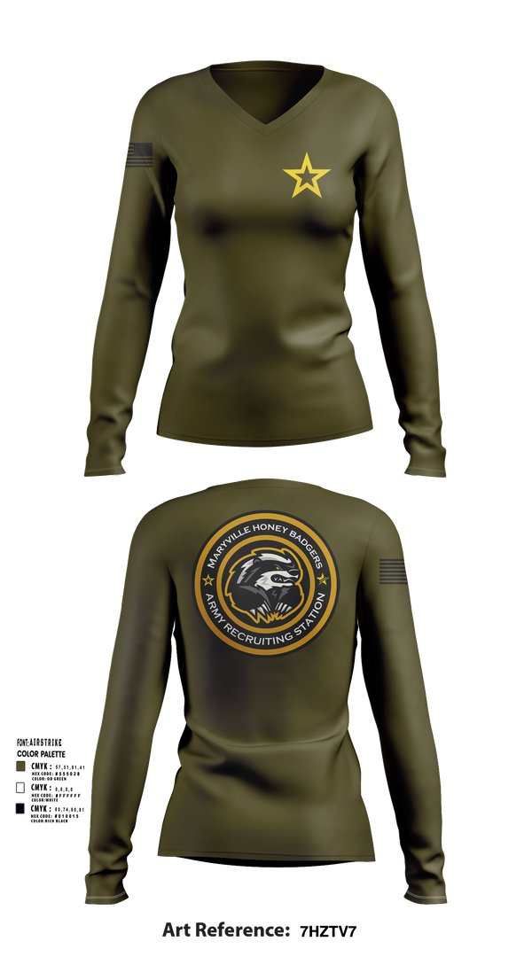 Women's Long Sleeve Vneck Shirt, Maryville Honeybadger, Army, Teamtime, Team time, sublimation, custom sports apparel, team uniforms, spirit wear, spiritwear, sports uniforms, custom shirts, team store, custom team store, fundraiser sports, apparel fundraiser