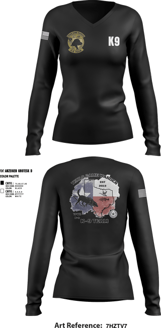 Women's Long Sleeve Vneck Shirt, TXGW K9, Police, Teamtime, Team time, sublimation, custom sports apparel, team uniforms, spirit wear, spiritwear, sports uniforms, custom shirts, team store, custom team store, fundraiser sports, apparel fundraiser
