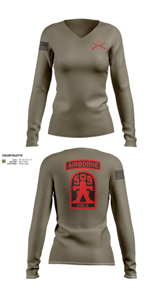 Women's Long Sleeve Vneck Shirt, 3-509th Parachute Infantry BN Able Nation, , Teamtime, Team time, sublimation, custom sports apparel, team uniforms, spirit wear, spiritwear, sports uniforms, custom shirts, team store, custom team store, fundraiser sports, apparel fundraiser