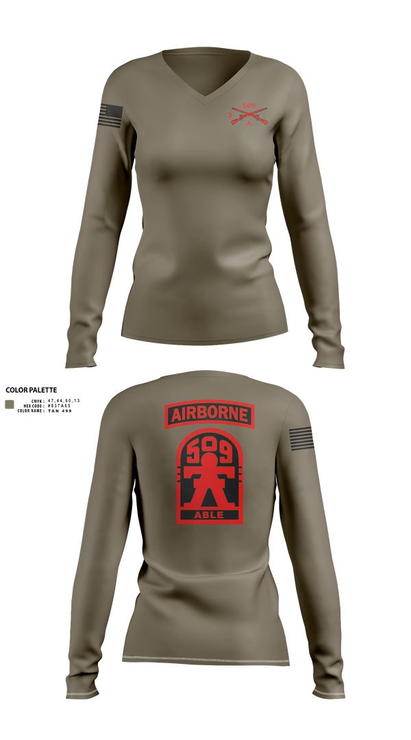 Women's Long Sleeve Vneck Shirt, 3-509th Parachute Infantry BN Able Nation, , Teamtime, Team time, sublimation, custom sports apparel, team uniforms, spirit wear, spiritwear, sports uniforms, custom shirts, team store, custom team store, fundraiser sports, apparel fundraiser