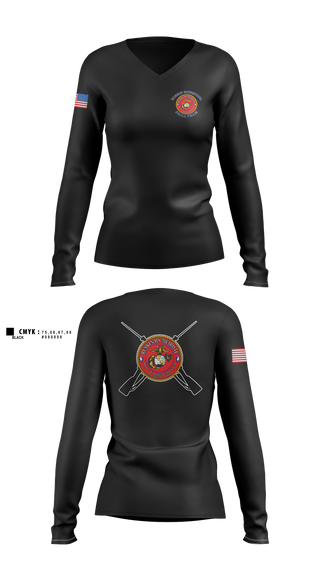 Womens Long Sleeve Vneck Shirt, Ruskin Highschool MCJROTC drill team, Marines, Teamtime, Team time, sublimation, custom sports apparel, team uniforms, spirit wear, spiritwear, sports uniforms, custom shirts, team store, custom team store, fundraiser sports, apparel fundraiser